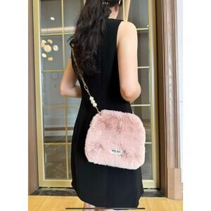 Miu Miu Faux Fur Shoulder Bag with Chain Strap – Blush Pink